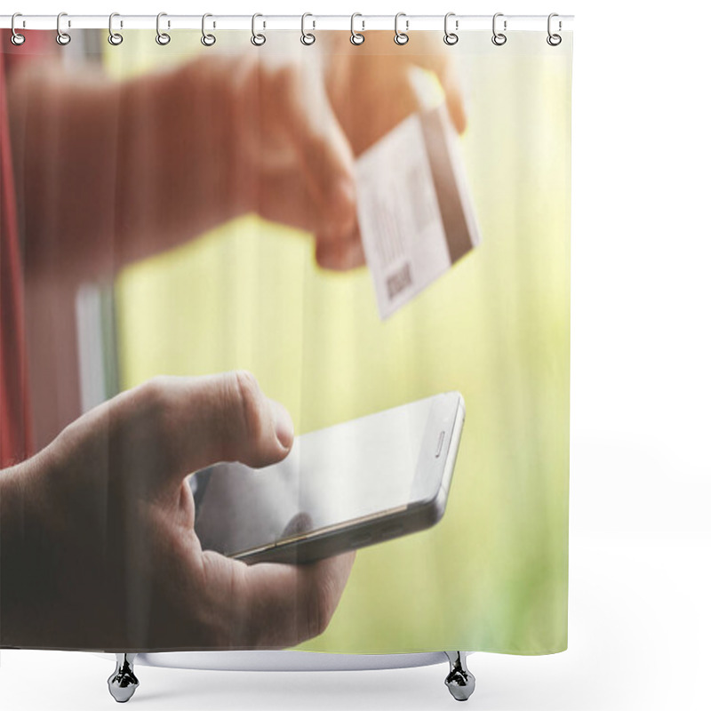 Personality  Hands Holding Credit Card And Using Smartphone. Online Shopping Shower Curtains