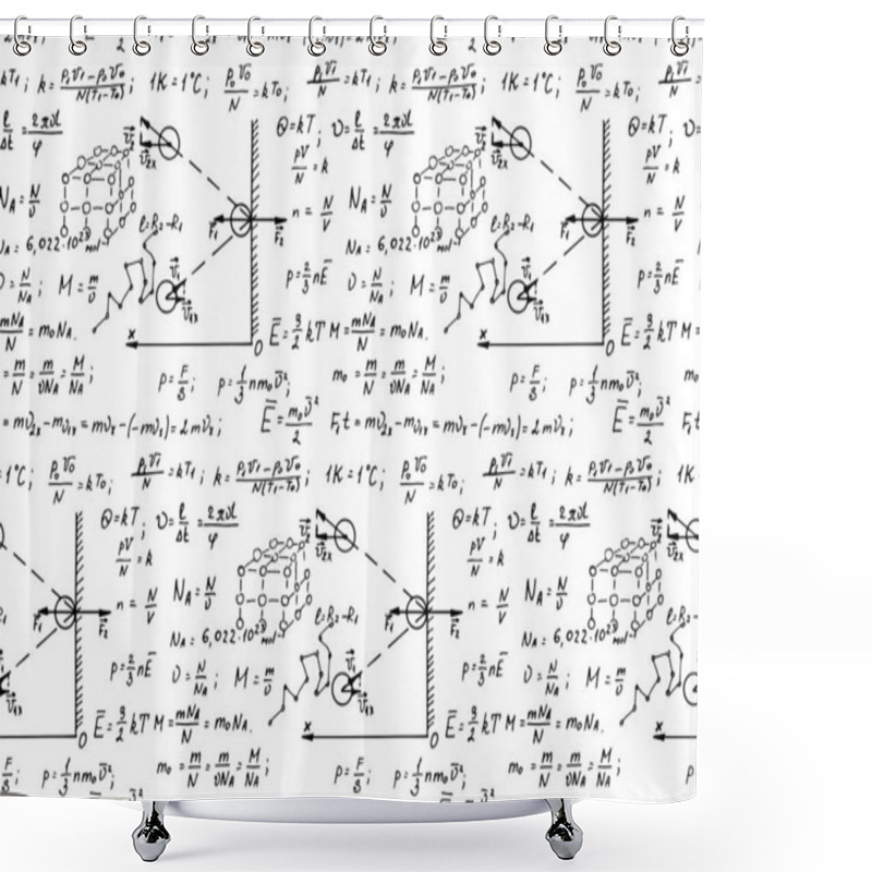 Personality  Physics Seamless Pattern With The Equations, Figures, Outlines, Formulas And Other Calculations On Whiteboard. Retro Scientific And Education Handwritten Vector Illustration. Shower Curtains