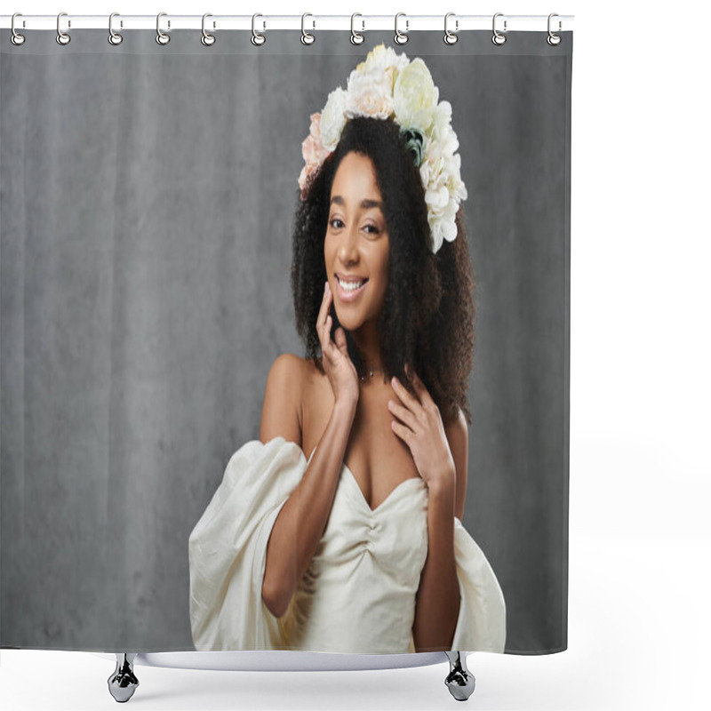 Personality  A Beautiful African American Bride In A White Wedding Dress With A Flower Crown Smiles Radiantly Against A Grey Background. Shower Curtains