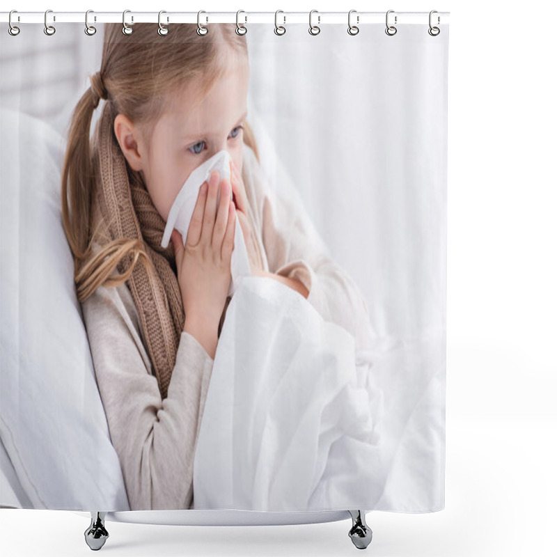 Personality  Sick Child With Scarf Over Neck Lying In Bed And Blowing Nose In Tissue At Home Shower Curtains