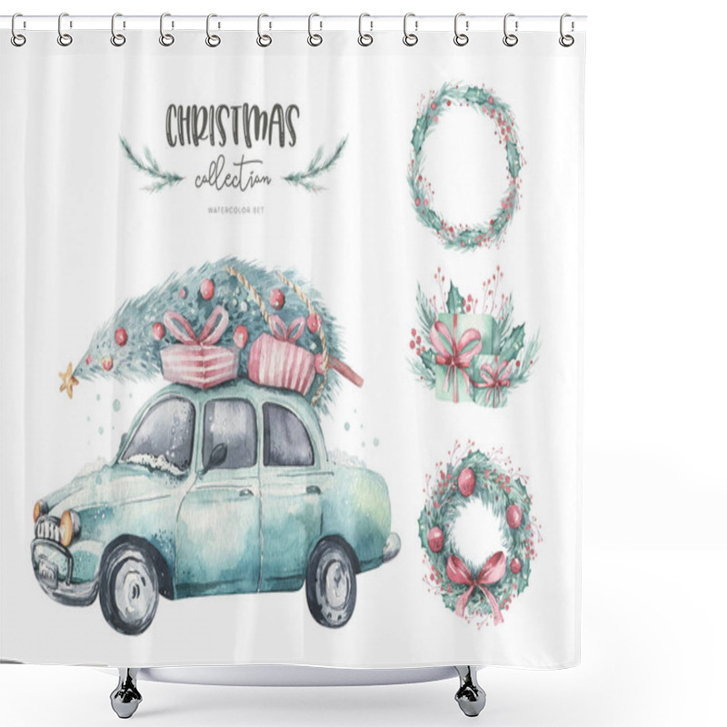 Personality  Watercolor Christmas Holiday Card Transportation Illustration. Merry Xmas Winter Tree Design With Wreath. Hand Painted New Year Retro Vintage Cars Shower Curtains