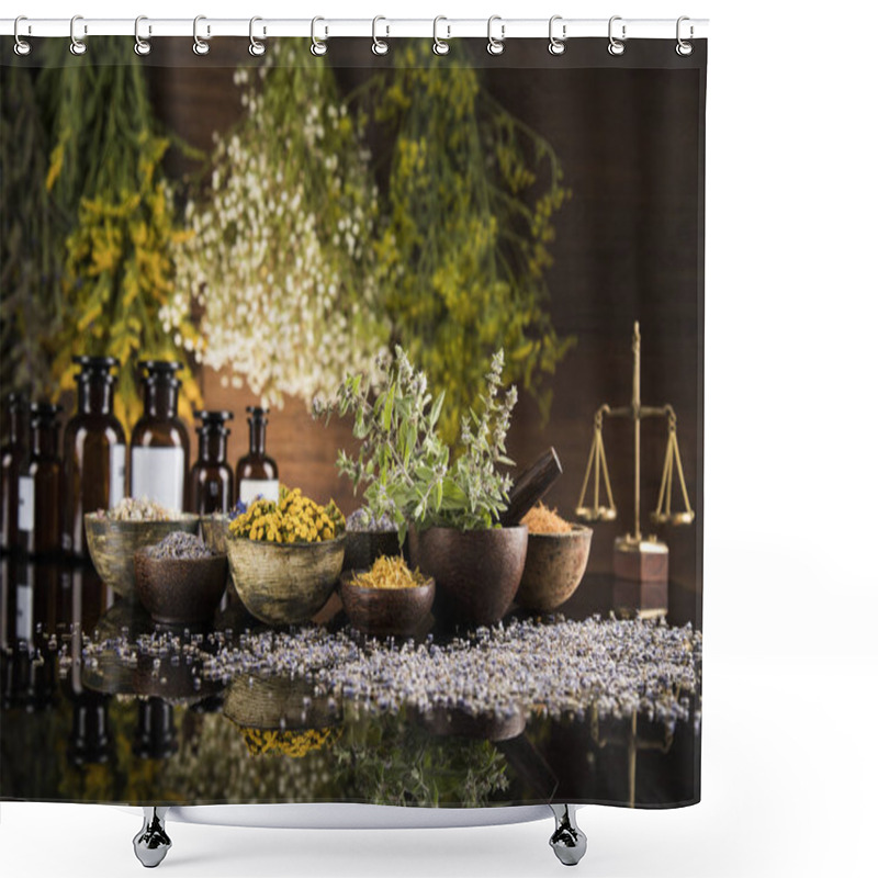 Personality  Alternative Health, Fresh Herbal And Mortar In Black Mirror Back Shower Curtains