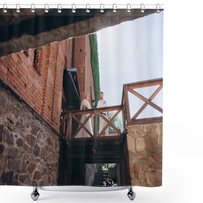 Personality  Bottom View Of Beautiful Bride And Groom In Front Of Entrance To Ancient Castle Shower Curtains