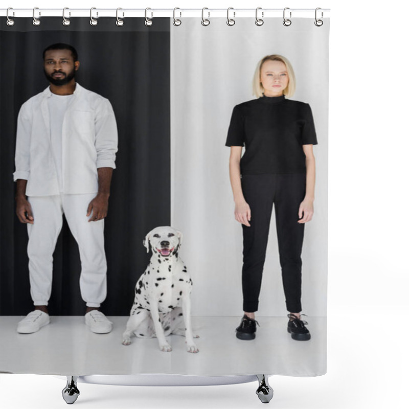 Personality  African American Boyfriend And Girlfriend Standing With Dalmatian Dog Near Black And White Wall Shower Curtains