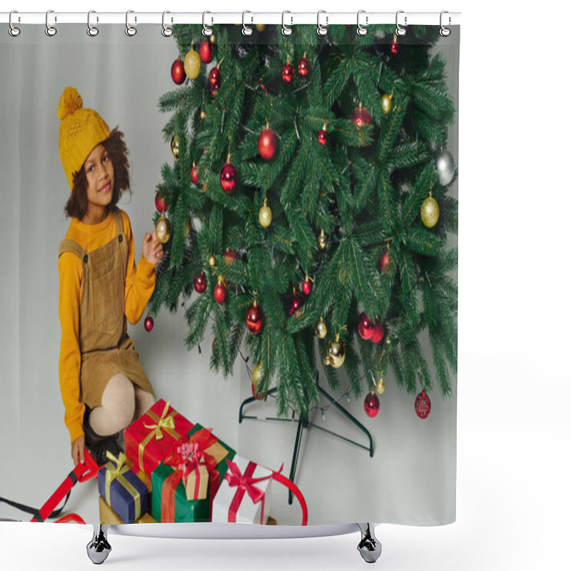 Personality  A Cheerful Girl Places Ornaments On A Vibrant Christmas Tree Surrounded By Wrapped Gifts. Shower Curtains