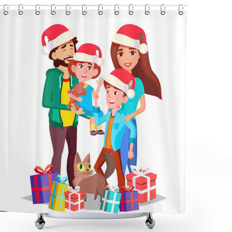 Personality  Christmas Family Vector. Mom, Dad, Children Together. In Santa Hats. Full Family. Celebrating. Decoration Element. Isolated Cartoon Illustration Shower Curtains