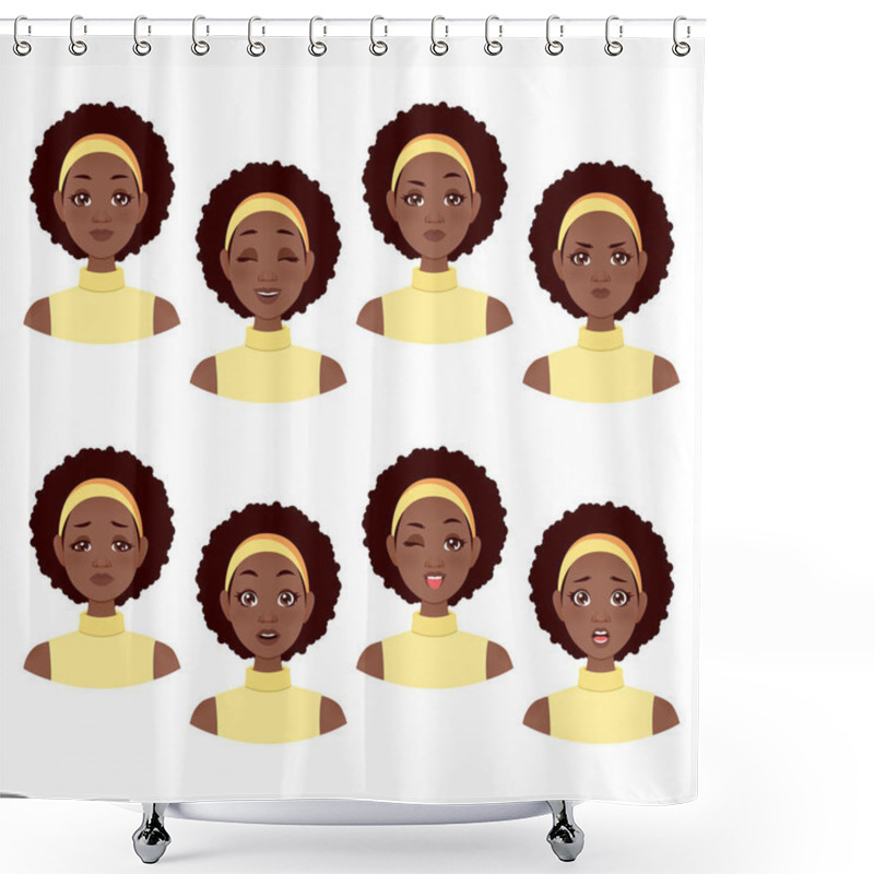 Personality  Black Girl Face Emotions Expression. Vector Set Shower Curtains