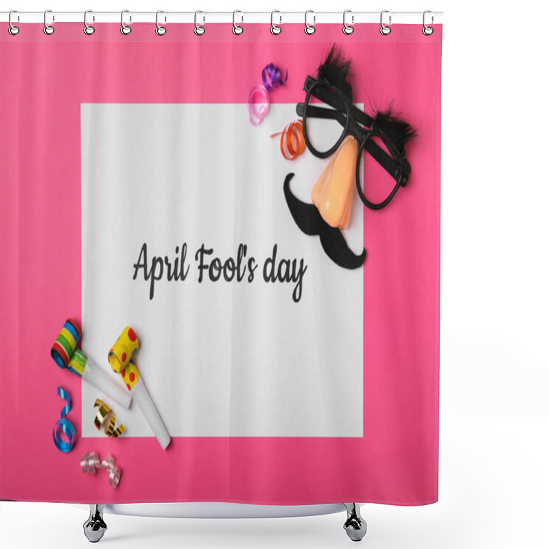 Personality  Paper Note With Phrase APRIL FOOL'S DAY And Decor On Pink Background, Flat Lay Shower Curtains