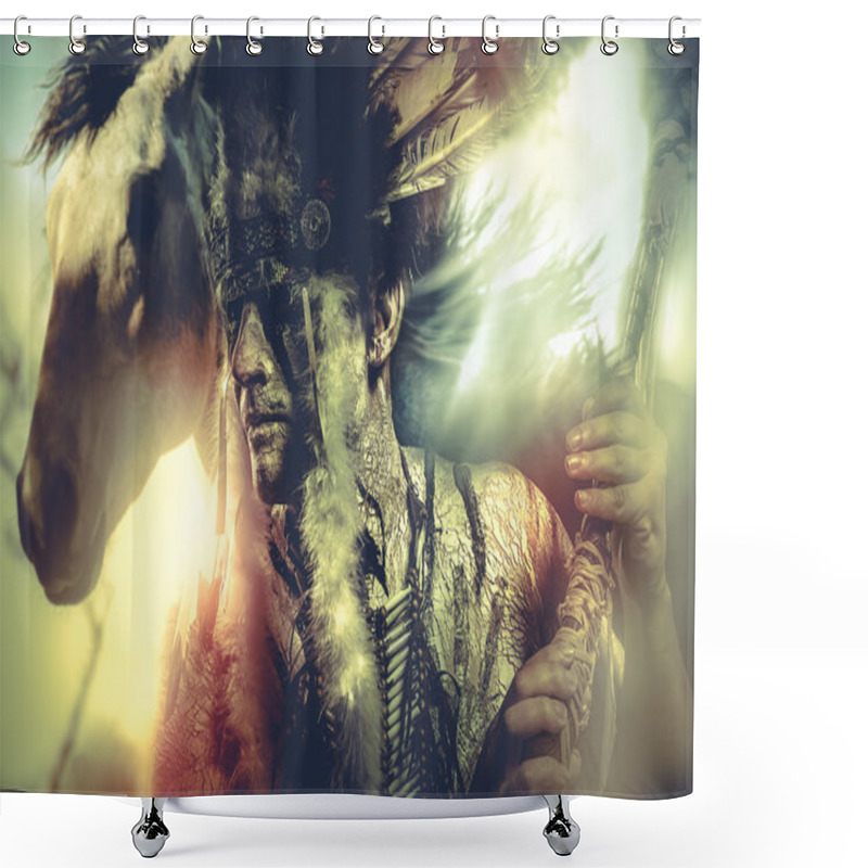 Personality  Indian Warrior With Feather Headdress Shower Curtains