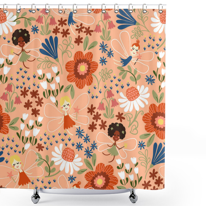 Personality  Vector Seamless Summer Floral Pattern. Garden Fairies Print. Little Girls Playing With Flowers In Garden. Textile Print With Florals And Leaves Shower Curtains