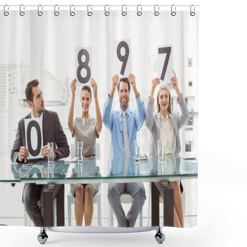 Personality  Interview Panel Holding Score Cards In Office Shower Curtains