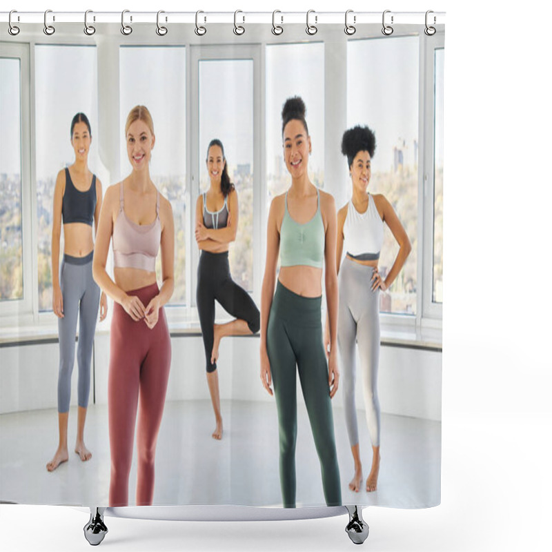 Personality  Group Of Five Happy Interracial Women Standing In Crop Tops And Leggings Inside Of Pilates Studio Shower Curtains