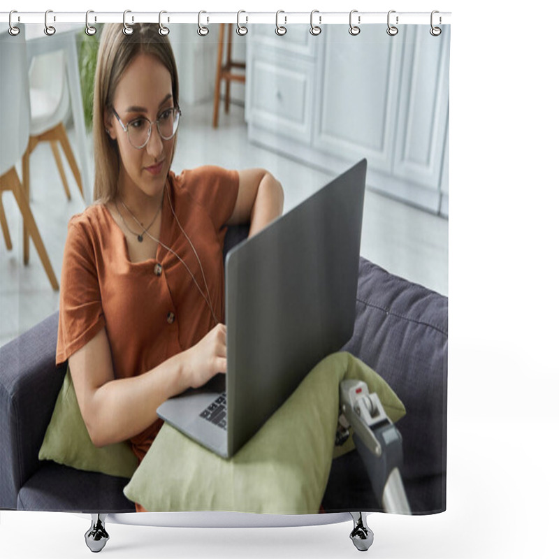 Personality  A Woman Sits On A Couch, Using A Laptop With A Prosthetic Leg Resting On The Cushion Beside Her. Shower Curtains