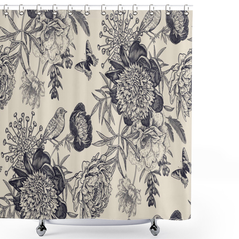 Personality  Floral Seamless Pattern With Garden Flowers Peonies, Bird And Bu Shower Curtains