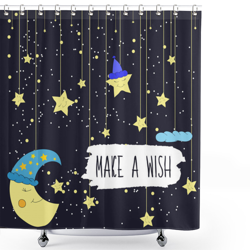 Personality  Cartoon Illustration Of Hand Drawing Of A Smiling Moon And A Falling Bright Stars. Make A Wish. Vector Shower Curtains