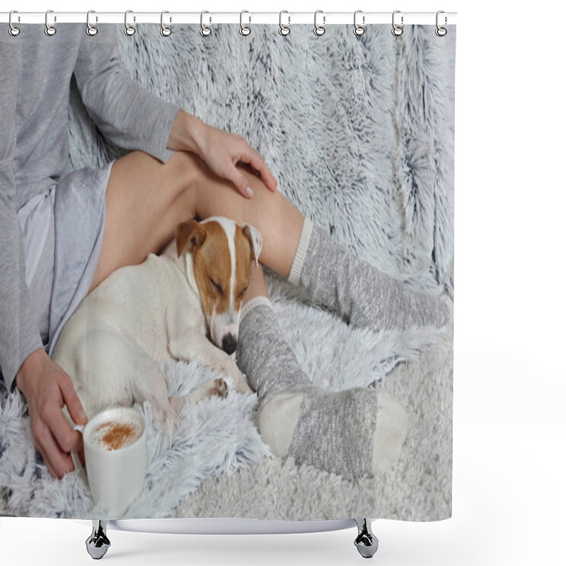 Personality  Woman Wearing Cozy Warm Wool Socks Relaxing At Home, Drinking Cacao, Winter Morning Concept, Top View. Soft, Comfy Lifestyle. Shower Curtains