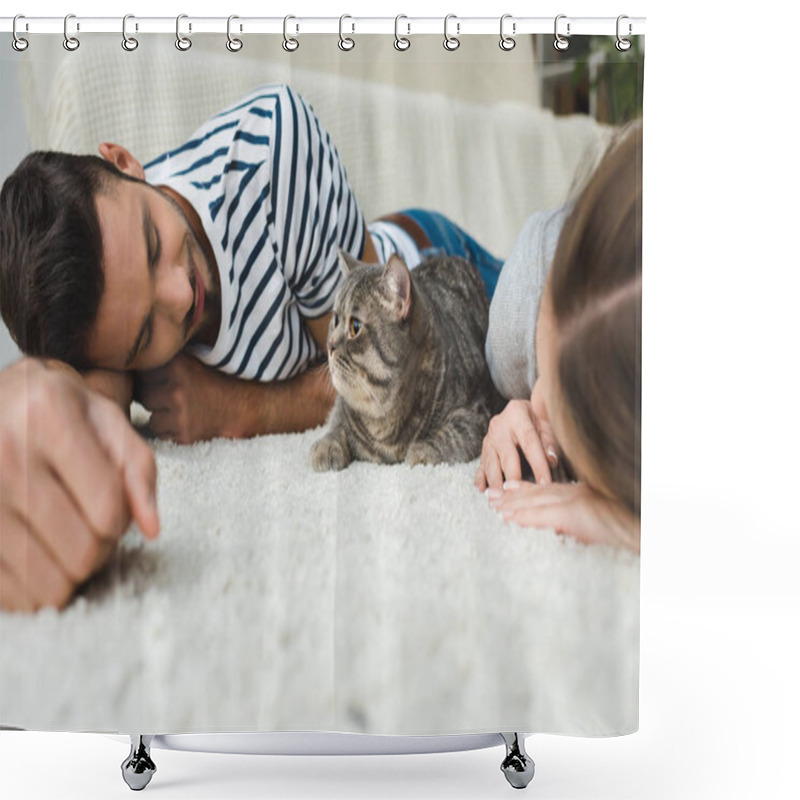 Personality  Happy Young Couple Lying On Floor With Tabby Cat Shower Curtains