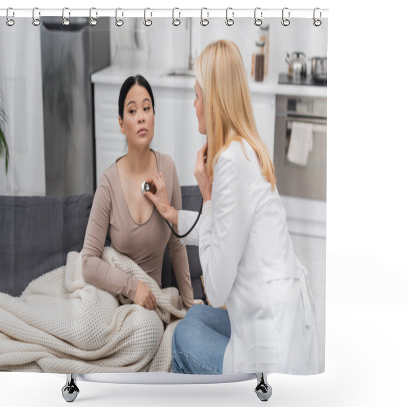 Personality  Doctor Checking Lungs Of Asian Patient In Blanket At Home   Shower Curtains