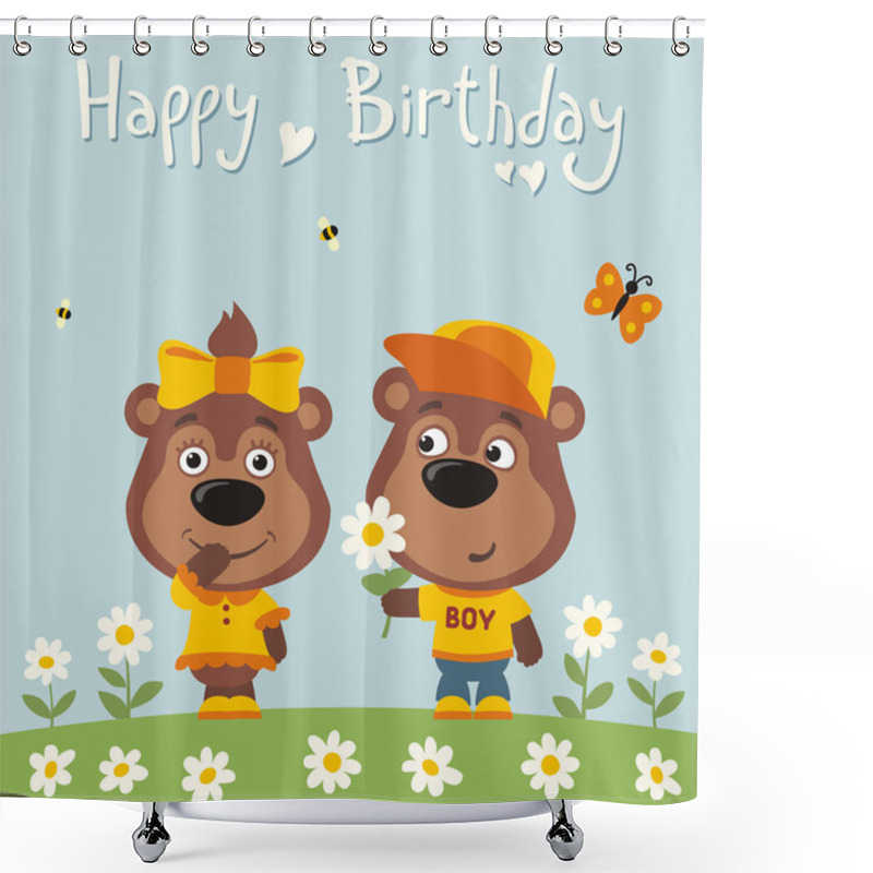 Personality  Greeting Card With Cute Funny Cartoon Characters Of Funny Bear Boy Giving Flower To Bear Girl On Meadow And Text Happy Birthday Shower Curtains