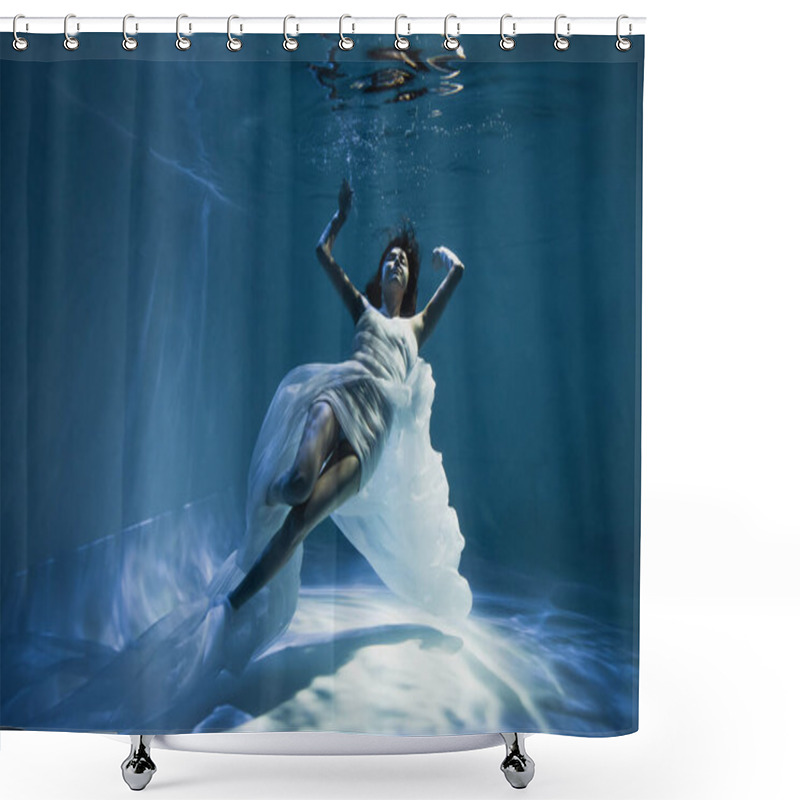 Personality  Lighting On Young Woman In White Elegant Dress Swimming In Pool  Shower Curtains