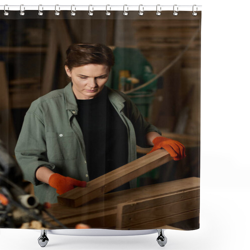 Personality  A Dedicated Carpenter Meticulously Shapes Wooden Pieces In Her Cozy Workshop, Showcasing Craftsmanship. Shower Curtains