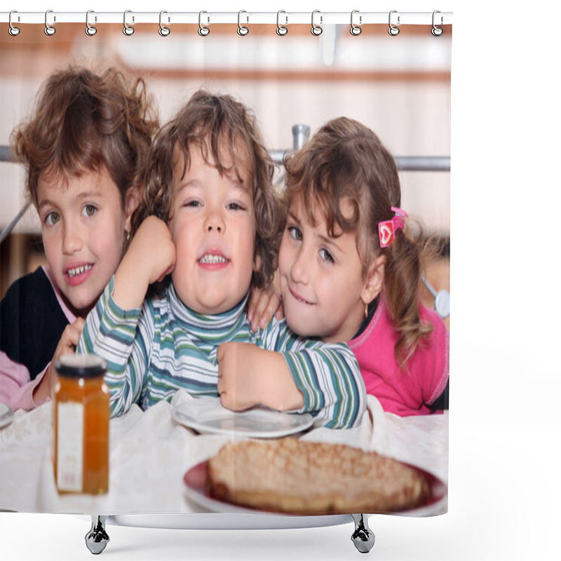 Personality  Three Sisters Enjoying Crepes. Shower Curtains