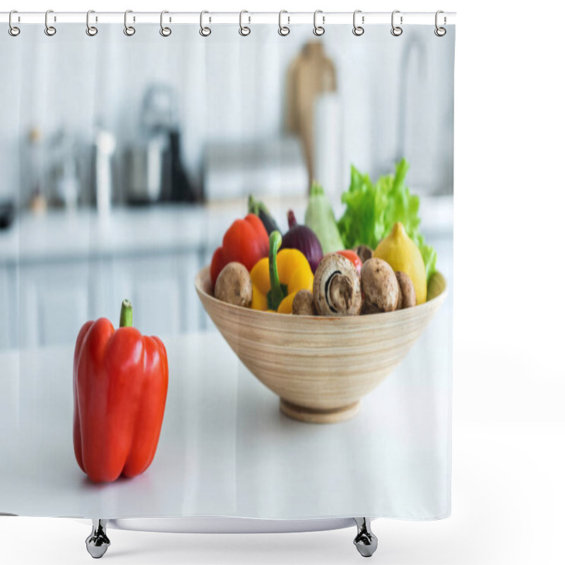 Personality  Close-up View Of Bell Pepper And Bowl With Fresh Vegetables On Kitchen Table Shower Curtains