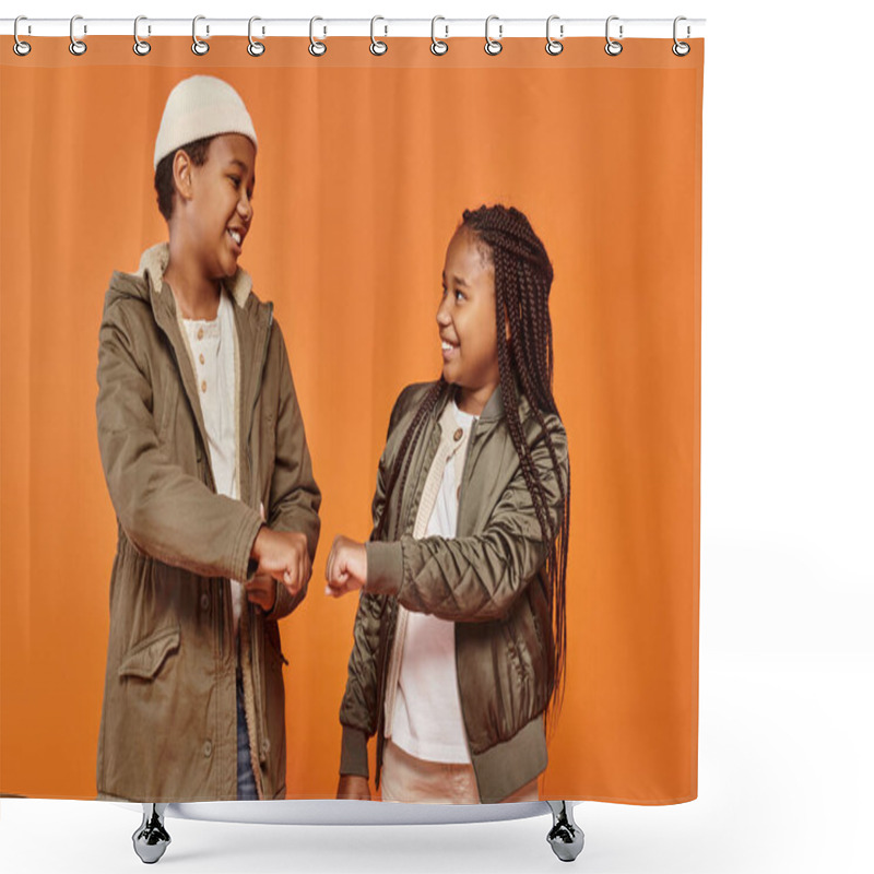 Personality  Cheerful African American Kids In Warm Winter Attires Bumping Their Fists On Orange Background Shower Curtains