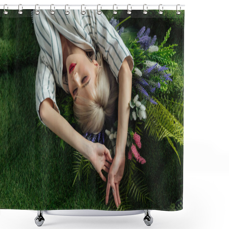 Personality  High Angle View Of Beautiful Stylish Girl With Eyes Closed Lying On Artificial Grass With Fern And Flowers Shower Curtains