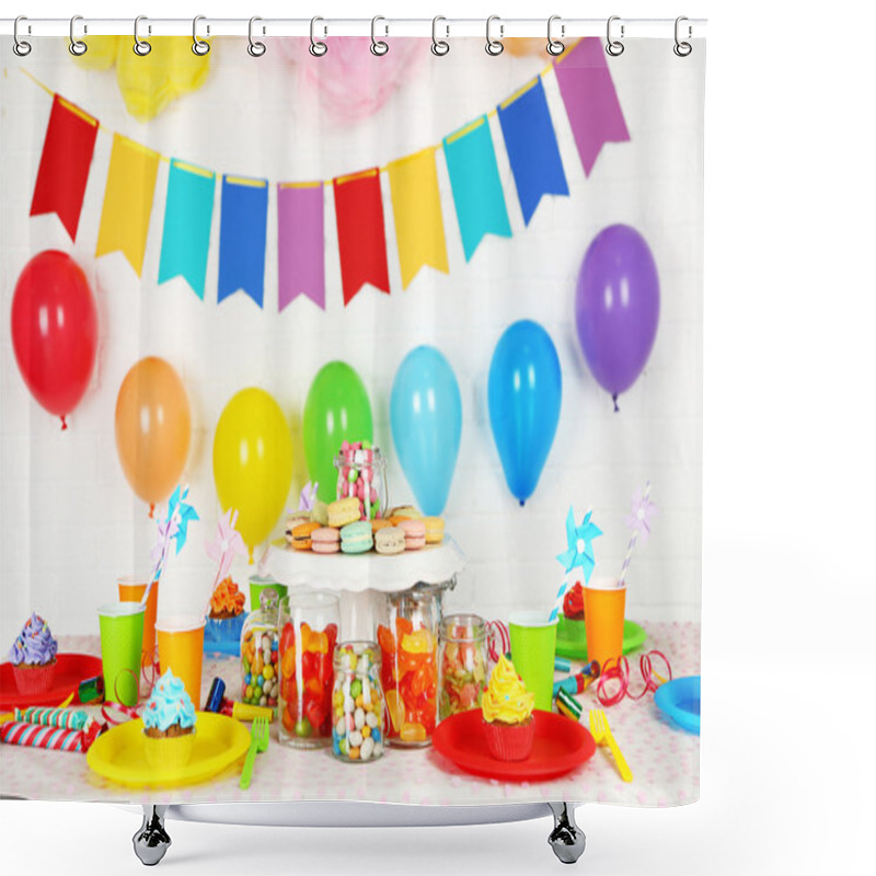 Personality  Prepared Birthday Table With Sweets For Children Party Shower Curtains