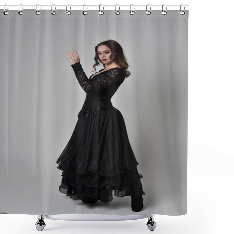 Personality  Full Length Portrait Of Brunette Girl Wearing Long Black Lace Gown Wit Corset. Standing Pose, Isolated On Grey Studio Background. Shower Curtains