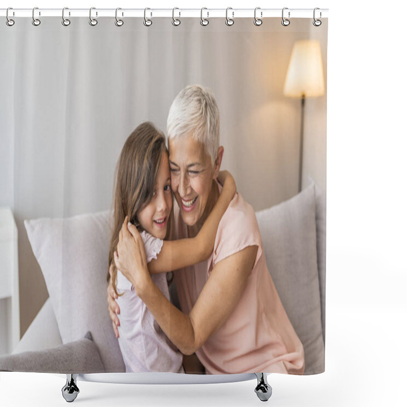 Personality  Cute Little Girl Having Fun Playing With Smiling Grandmother Embracing Lying On Couch Together, Happy Granny And Preschool Grandchild Relax On Sofa, Grandma Granddaughter Cuddling Laughing At Home Shower Curtains