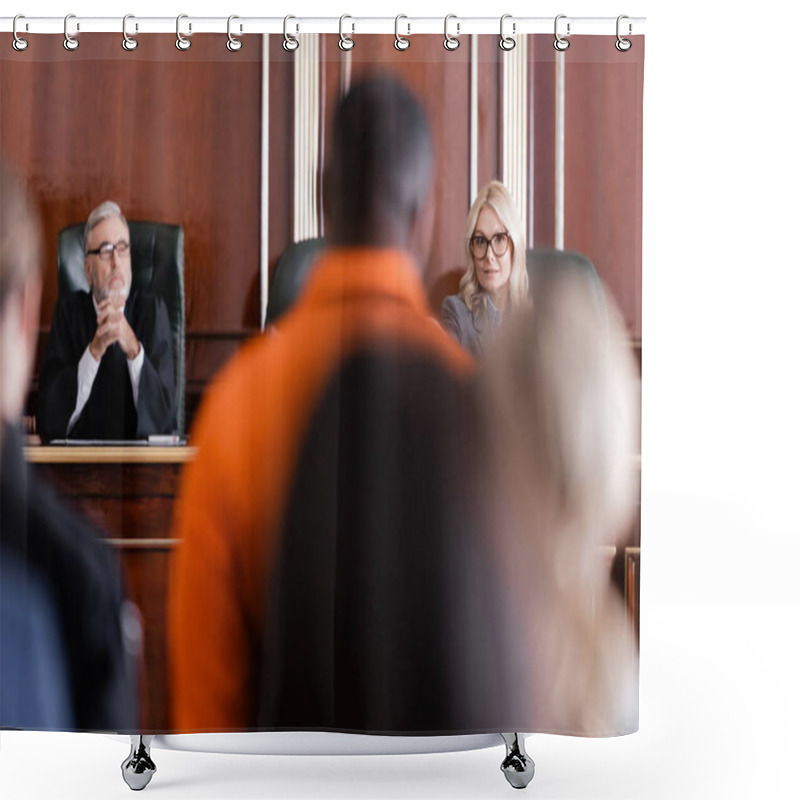 Personality  Senior Judge Sitting With Clenched Hands Near Attorney And Accused African American Man On Blurred Foreground Shower Curtains