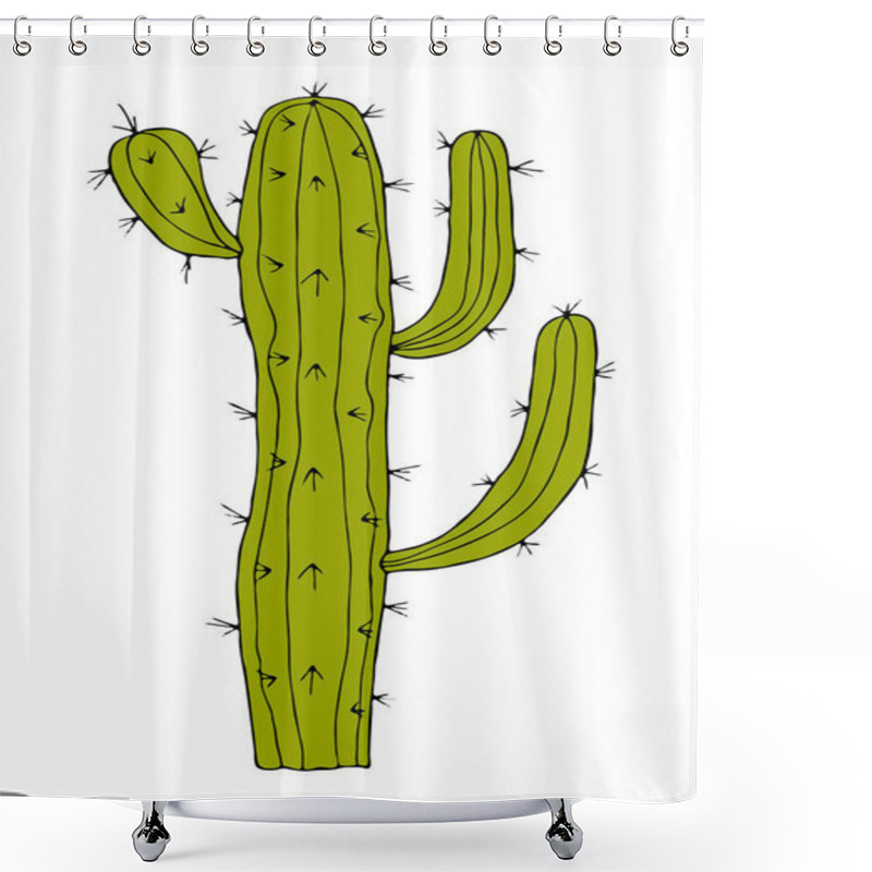 Personality  Home Cactus Plants Or Flower. Cozy Cute Element. Exotic Or Tropical Succulent With Prickles. Engraved Hand Drawn In Old Sketch And Vintage Doodle Style. Shower Curtains