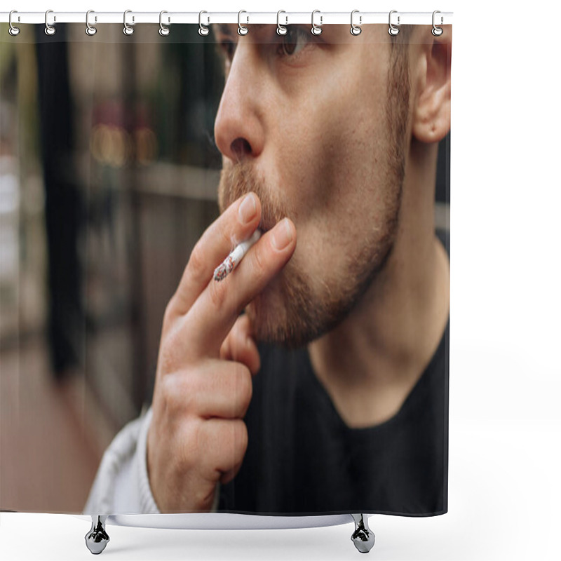 Personality  Man Smokes A Cigarette. The Spread Of Cigarette Smoke. Mustache Shower Curtains