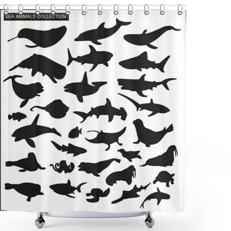 Personality  Sea Animals Silhouette Collection On White Background Shower Curtains