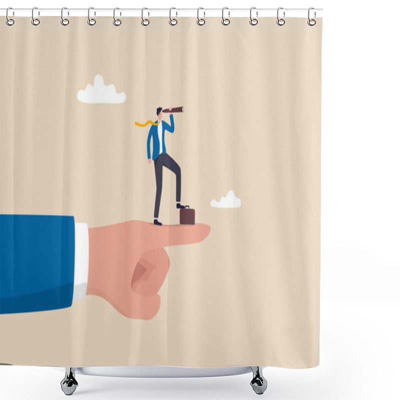 Personality  Vision To See Business Direction, Economic Forecast Or Future, Strategy To Success Or Business Objective, Career Path Concept, Businessman On Giant Pointing Finger With Telescope To See Vision. Shower Curtains