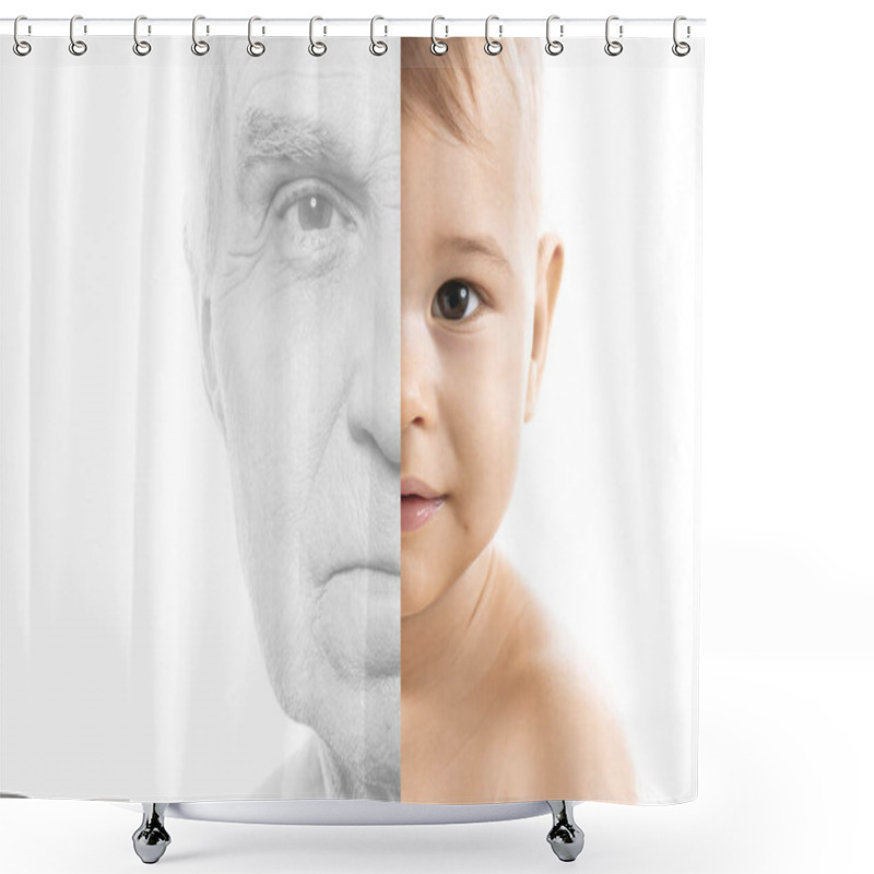 Personality  Portrait Of Elderly Man And Baby Boy. Concept Of Rebirth And Cycle Of Life. Shower Curtains