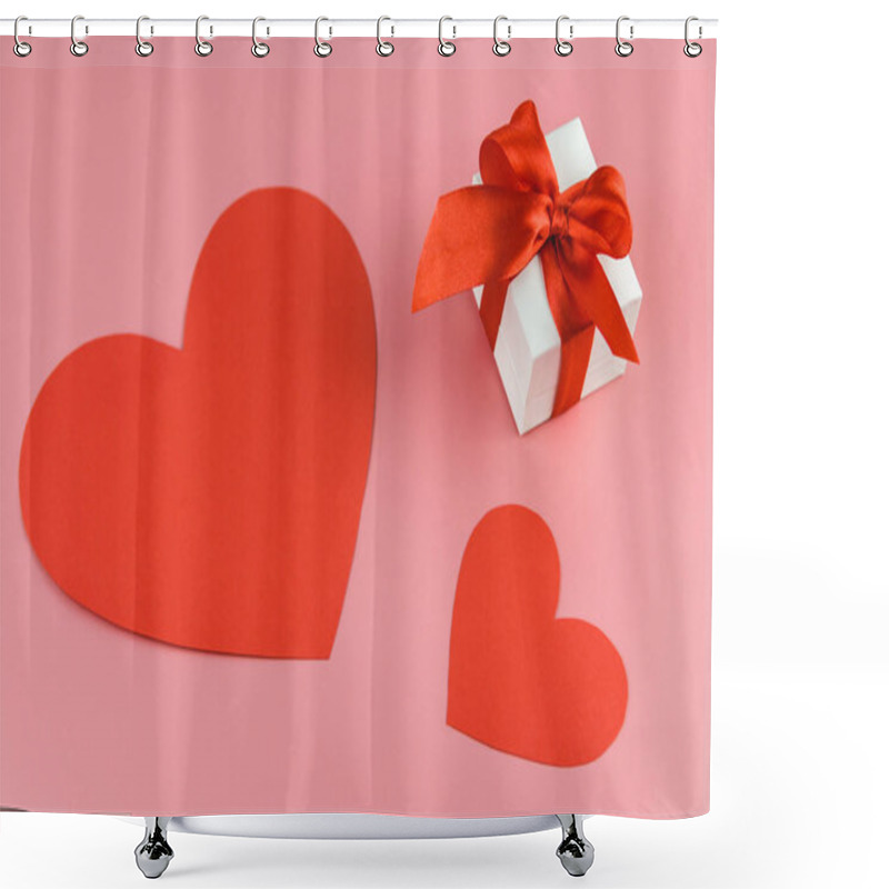 Personality  White Gift Box With Red Strap And Two Paper Crafted Hearts On A Colour Background, Engagement Ring Box Shower Curtains