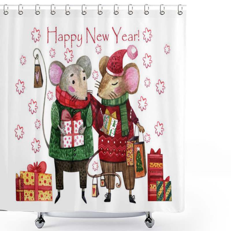 Personality  Watercolor Christmas Card With A Pair Of LGBT Mice In Love. Hand-drawn Mouse Boys In Green And Red Sweaters And Scarves With Gifts In Their Hands And In The Background.  Shower Curtains