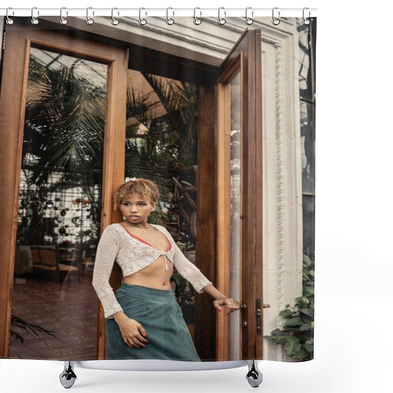 Personality  Young African American Woman In Summer Outfit And Knitted Top Opening Door Of Indoor Garden And Looking Away, Fashionable Woman Enjoying Summer Vibes, Botanical  Shower Curtains