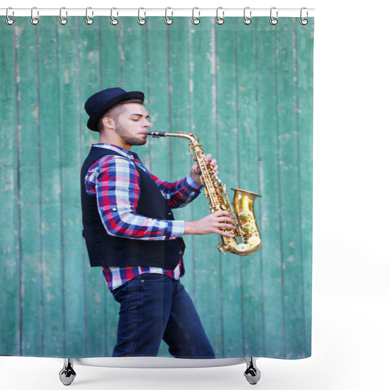 Personality  The Musician Plays Saxophone On Green Wooden Background Shower Curtains