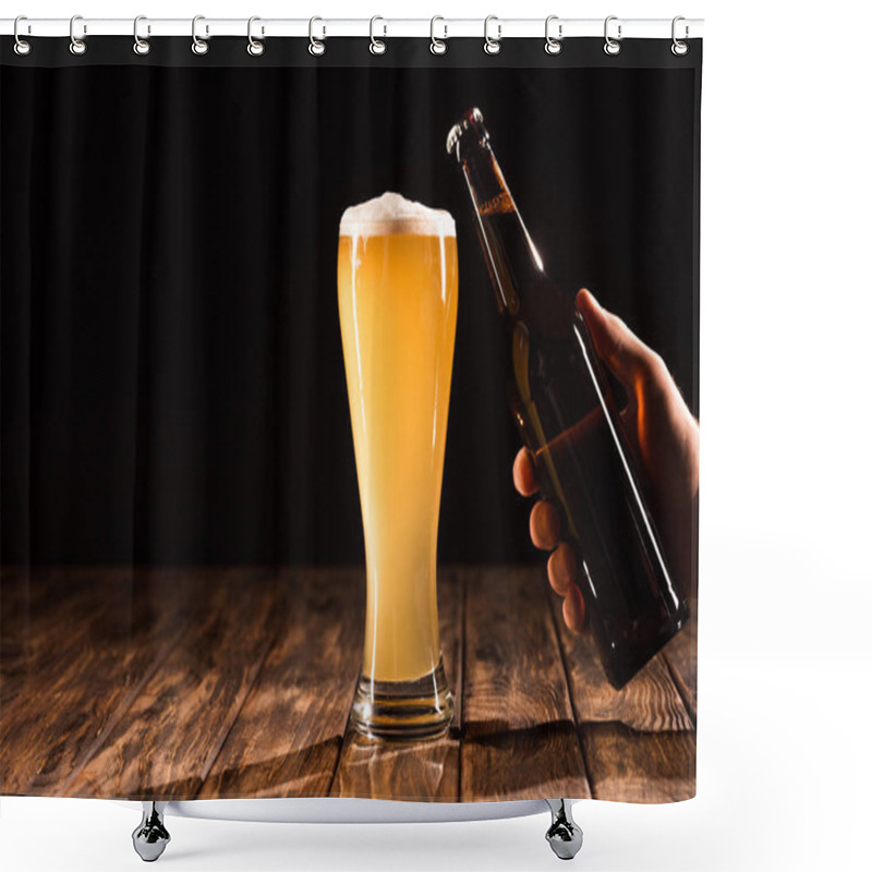 Personality  Partial View Of Man Clinking Beer Bottle With Mug Of Fresh Beer At Wooden Table  Shower Curtains