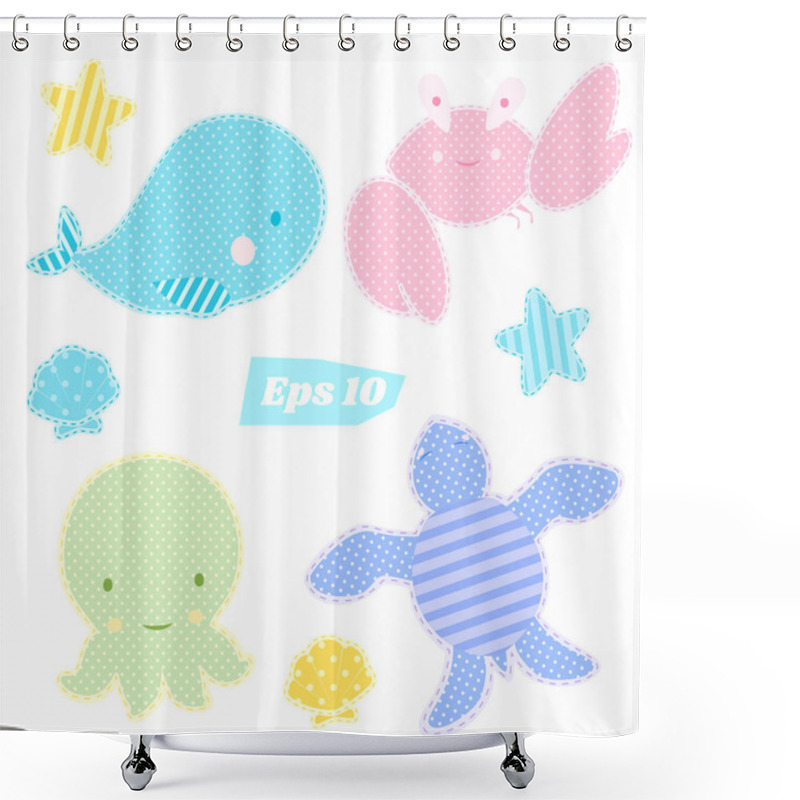 Personality  Vector Set Of Cute Sea Animals In Patchwork Style Shower Curtains