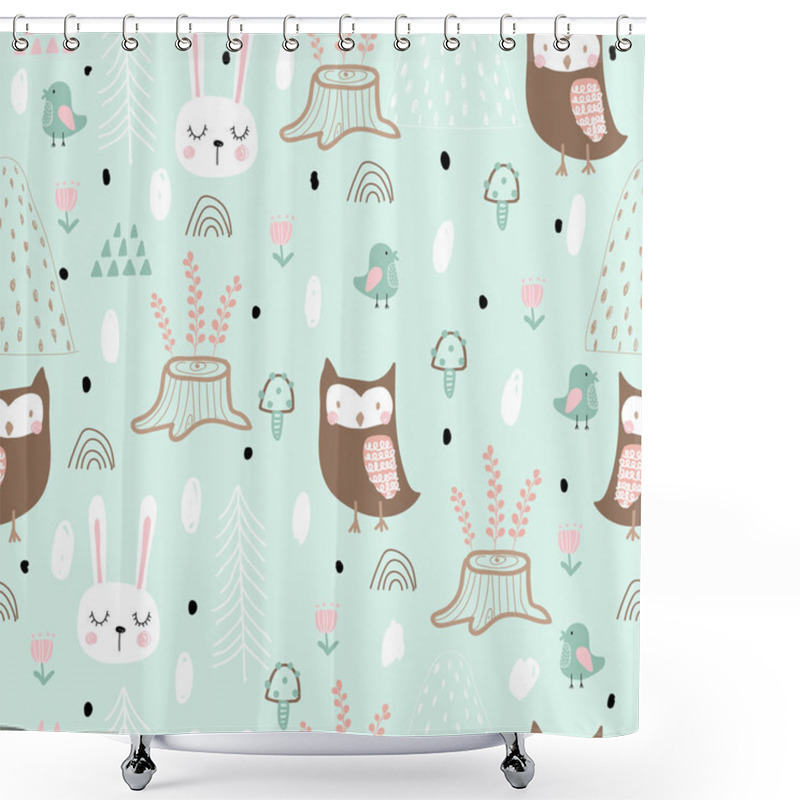 Personality  Seamless Pattern With Hares And Owls In Spring Forest. Scandinavian Style, For Printing On Textiles. Hand-drawn. Shower Curtains