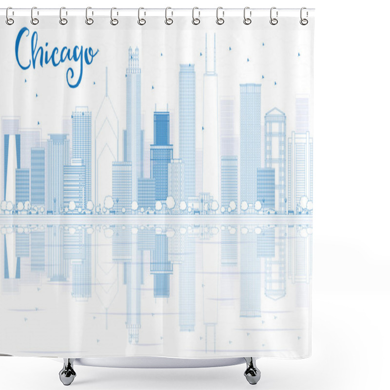 Personality  Outline Chicago Skyline With Blue Buildings And Reflections. Shower Curtains