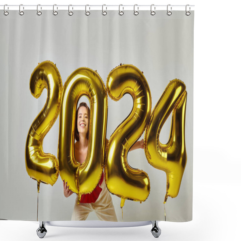 Personality  Happy New Year, Pleased Young Woman In Trendy Attire Holding Balloons With 2024 Numbers On Grey Shower Curtains