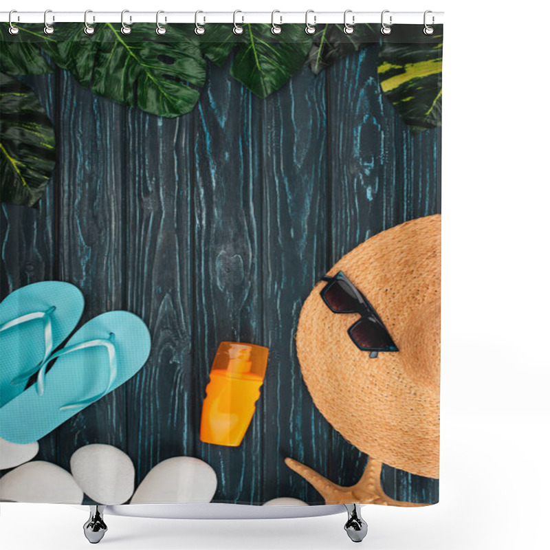 Personality  Top View Of Sunscreen, Flip Flops Near Straw Hat And Pebbles On Dark Wooden Surface Shower Curtains