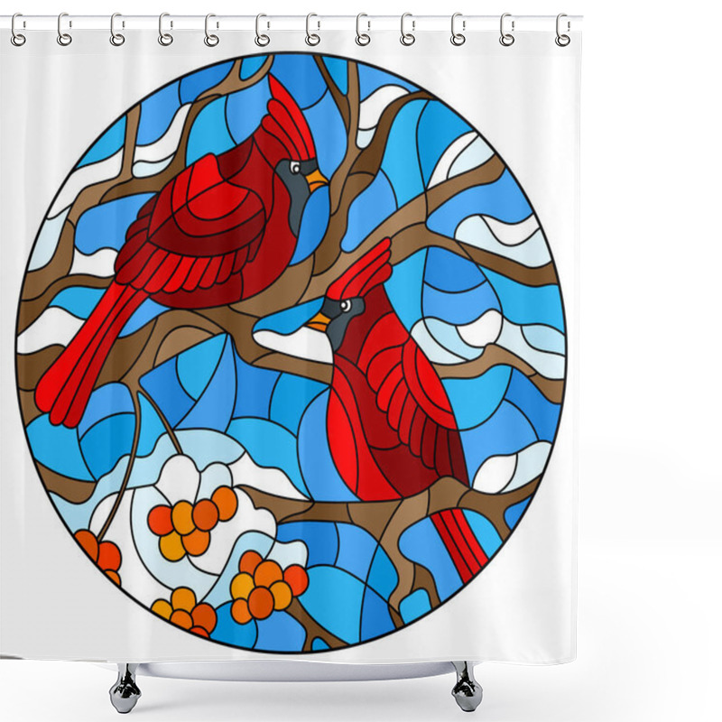 Personality  An Illustration In The Style Of A Stained Glass Window With Bright Cardinal Birds On Snow-covered Tree Branches, Oval Image Shower Curtains