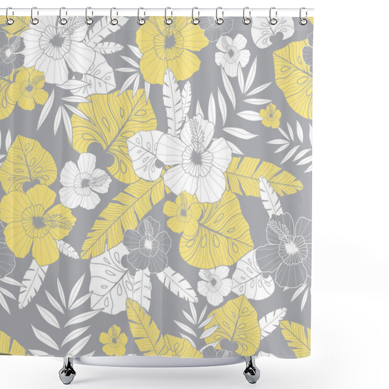 Personality  Vector Light Yellow And Grey Drawing Tropical Summer Hawaiian Seamless Pattern With Tropical Plants, Leaves, And Hibiscus Flowers. Great For Vacation Themed Fabric, Wallpaper, Packaging. Shower Curtains